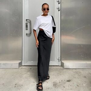 Black Satin High Waisted Long Skirt